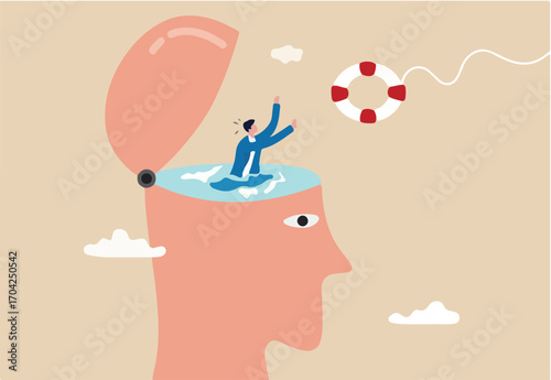 Mental illness therapy or help, depression or anxiety disorder rescue, psychology or stressed healing concept, therapist throw lifebuoy to help man drowning in his depressed brain.