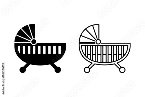 Two Baby Crib Icons: Solid Black and Outline Versions