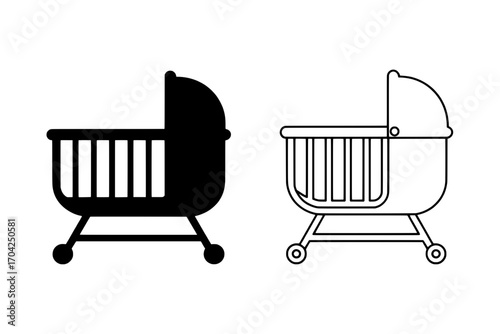 Two Baby Crib Icons: Solid Black and Outlined Line Art for Baby Products