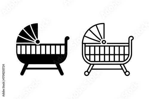 Two Baby Crib Icons: Solid Black and Outlined Line Art for Website or App Design