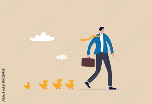 Leadership to lead team to success direction, employees follow manager guidance, domination or motivate staffs concept, confidence businessman leader pointing direction with following duckling.