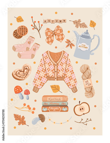 Holiday card with cozy autumn attributes. Fall template. Sweater, socks, books, autumn clothes, leaves, mushrooms, pastries. Home autumn decor. Vector illustration in warm beige and brown tones.