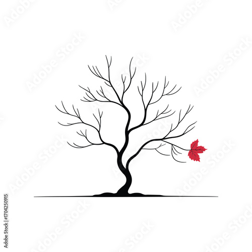 Minimalist bare tree silhouette with a single vibrant red leaf on a