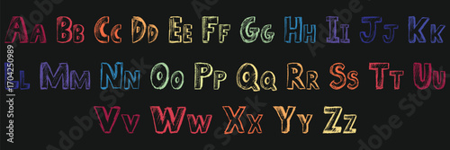 Colorful uppercase alphabet letters with glowing neon effect on black background, ideal for digital designs, modern typography, creative projects, and vibrant branding. Includes all letters A to Z.