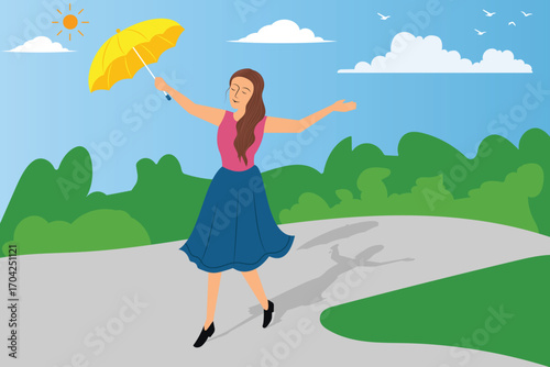 Young woman, girl with an umbrella walking on road. A happy girl with a yellow umbrella walkinga  bright sunny day.  Summer landscape. Vector illustration.