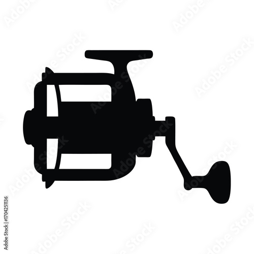 Silhouette of a fishing reel with handle and spool clearly visible