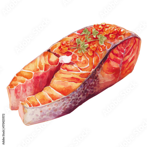 watercolor vector of Baked Salmon, isolated on a white background.