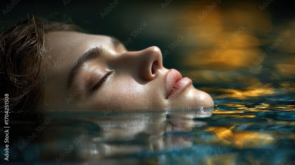 Fototapeta premium A serene portrait of a person gently floating in water, with soft reflections and a tranquil atmosphere, evoking peace and calmness.