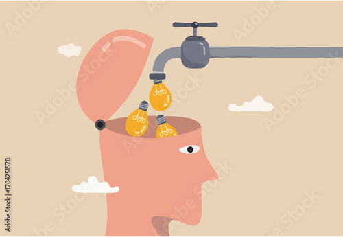 Learn new skills, create new ideas or innovative solution, education and knowledge or imagination and creativity to think like genius concept, bright lightbulb ideas flow from pipe into human head.