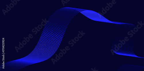 A dark blue backdrop displays a flowing, curved ribbon of vibrant, parallel lines, creating a modern, dynamic effect with gradients of light and shadow emphasizing its smooth, elegant movement