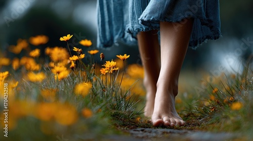 A person walks barefoot through a field of vibrant yellow flowers, embodying a sense of freedom and connection with nature.