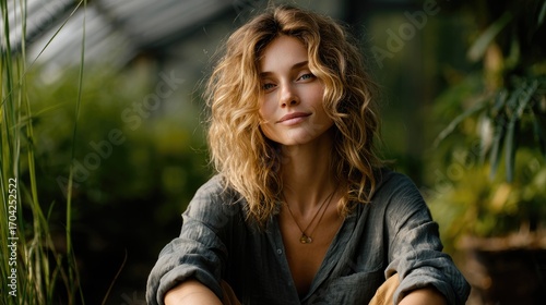 A serene woman with curly hair sits in a lush, green setting, exuding a natural and relaxed vibe.