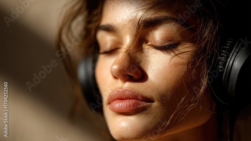 A serene woman with closed eyes, wearing headphones, immersed in music, illuminated by soft light.