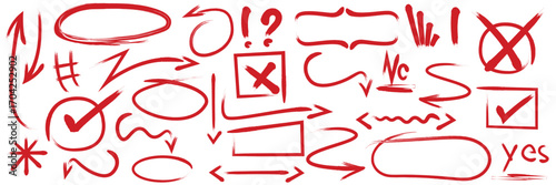 Red hand-drawn doodles including arrows, speech bubbles, checkmarks, crosses, question marks, and exclamation points. Ideal for creative designs, notes, and informal presentations. Perfect for graphic
