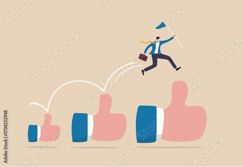 Career growth development, achievement, job improvement or promotion, appreciation or praise for success employee concept, happy businessman holding winner flag jumping up growing thumbs up sign. 