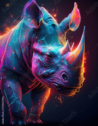 Neon glowing rhinoceros digital art vibrant fantasy animal illustration