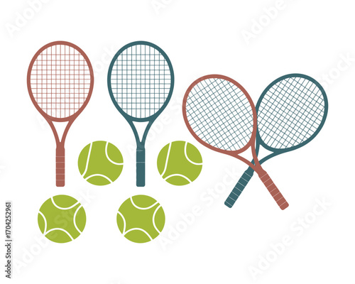 A collection of illustrated tennis equipment, featuring colorful rackets and green balls, perfect for sports and recreation design elements