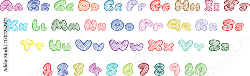 Colorful pastel alphabet with uppercase and lowercase letters along with numbers from 1 to 10. Playful hand-drawn style perfect for kids’ education, crafts, and creative design projects. Ideal for tea