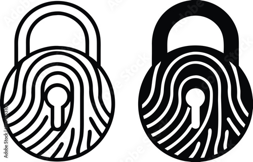 Security Icons. Black and White Vector Illustrations. Padlock and Fingerprint. Cybersecurity and Privacy. Online Data Protection from Hacking, Password. Concept Protection

