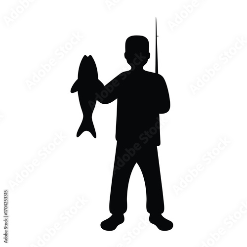Silhouette of a fisherman holding a fish and fishing rod on white