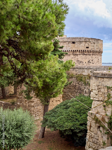 Taranto, Italy - July 29, 2025: Aragonese Castle or the Castle of Saint Angel, Castel Sant'Angelo in Italian. A fortification in Taranto, Puglia, Italy, Europe