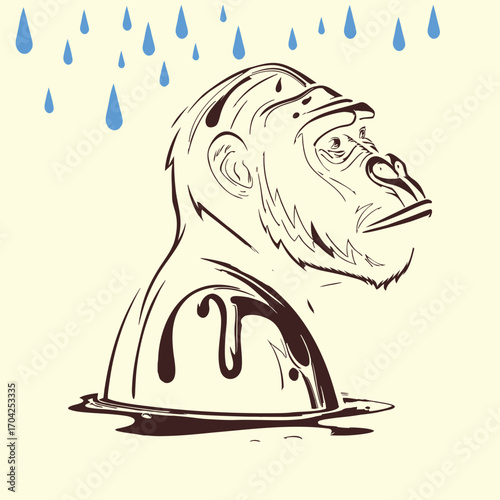 Stylized gorilla head partially submerged with dripping black paint and blue raindrops falling. Artistic vector illustration perfect for wildlife, environmental, and creative themes. Ideal for modern 