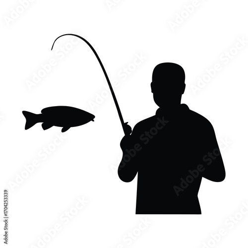 Silhouette of fisherman reeling in a fish with a fishing rod on white