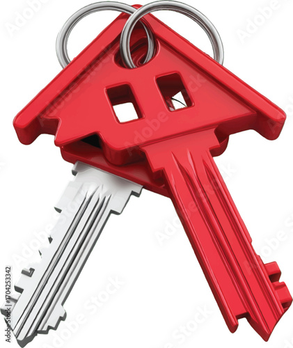 Two Keys With Red House Shaped Fobs One Red One Silver On A White Background home real estate