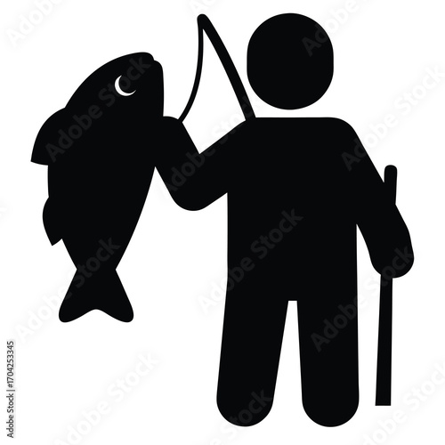 Silhouette of a fisherman holding a large fish he has just caught
