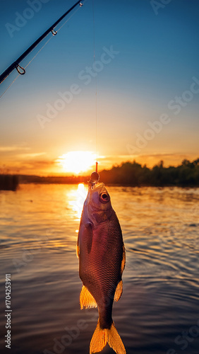 Fishing catch at sunset on lake, fish on hook with scenic water view
