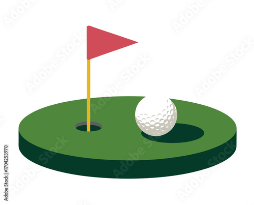 A detailed vector illustration of a golf ball sitting on the putting green, right next to the hole with the red flag pin