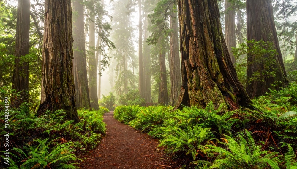 Fototapeta premium Misty forest path winding through giant redwood trees