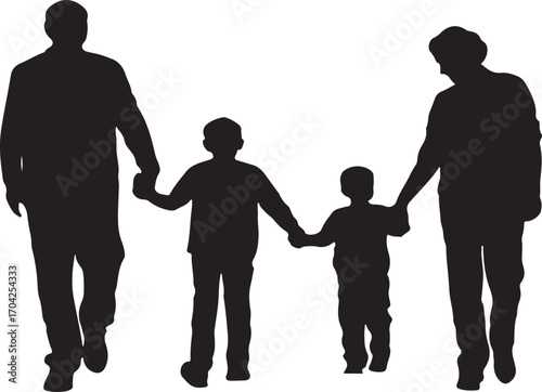 Black silhouette of a family walking hand in hand holding hands
