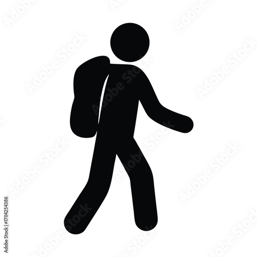 A simple black and white icon of a hiker with a backpack
