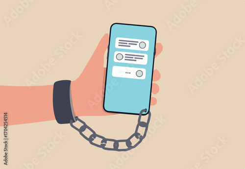 Nomophobia or no mobile phone phobia, smartphone and social media addicted or fear of missing out concept, young people with handcuff chained with mobile phone with chat and social media applications.