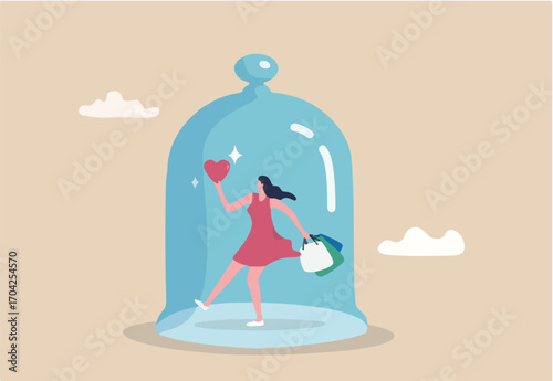 Customer retention and brand loyalty, satisfied customer return or come back or repeat buying product, marketing strategy concept, happy woman customer holding lovely heart shape cover with glass dome