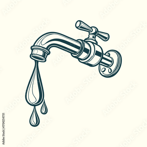 Vintage style faucet with water droplets dripping from the spout. Detailed vector illustration perfect for plumbing, water conservation, and environmental themes. Ideal for educational .