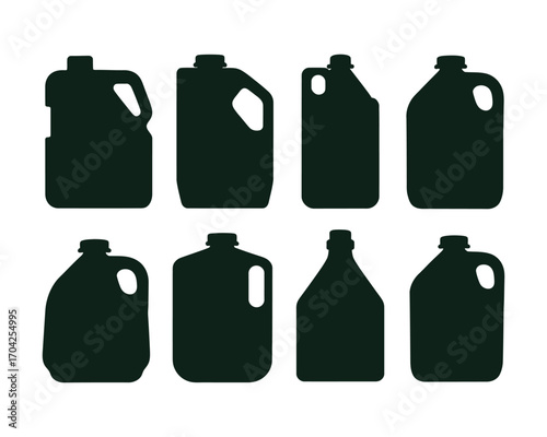 An isolated vector illustration featuring a set of various plastic jug and canister silhouettes