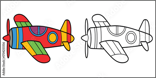 Colorful Cartoon Airplane Illustration with Black and White Version Perfect for Children's Coloring Books and Aviation Themed Designs