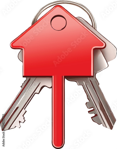 Red House Shaped Key Fob With Three Silver Keys On A White Background home real estate