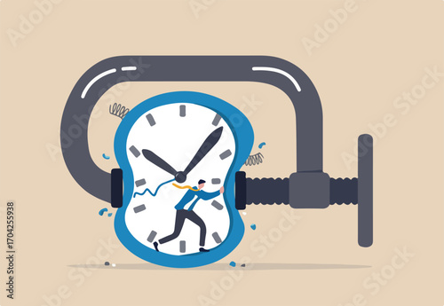 Time pressure or running out of time, stress or anxiety to finish work within aggressive deadline or time management concept, frustrated businessman try to stop squeezed timer clock.