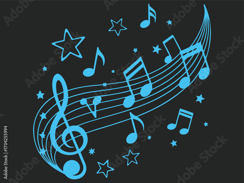 Blue music notes and treble clef with stars on dark background in flowing vector design. Perfect for music events, posters, or creative projects. Modern and dynamic musical illustration.