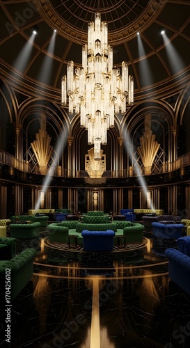 Luxurious art deco ballroom interior with a grand crystal chandelier and plush seating areas, illuminated by spotlights creating a dramatic ambiance