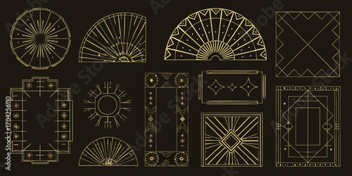 Collection of elegant gold art deco geometric frames and decorative elements on a dark background