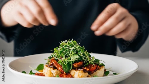 Wallpaper Mural Preparing Gourmet Bruschetta: Adding Fresh Microgreens for a Delicious and Healthy Meal Torontodigital.ca