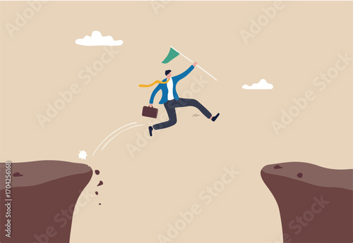 Determination and bravery to overcome obstacle and achieve business success, career challenge or motivation to win competition, determined businessman jump over cliff gap to achieve business target