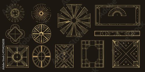 Collection of art deco geometric ornamental frames and sunburst elements in gold on a dark background