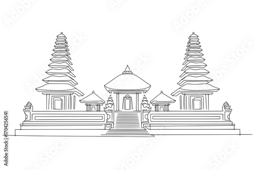 Single-Line Drawing of Balinese Temple Complex: Two Tiered Pagodas, Central Pavilion, and Flanking Structures
