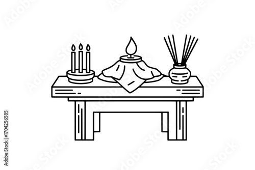 Line Art Illustration: Three Ritual Objects on a Low Table