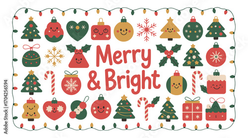 Cute Christmas ornaments and trees with Merry and Bright text and string lights holiday festive
